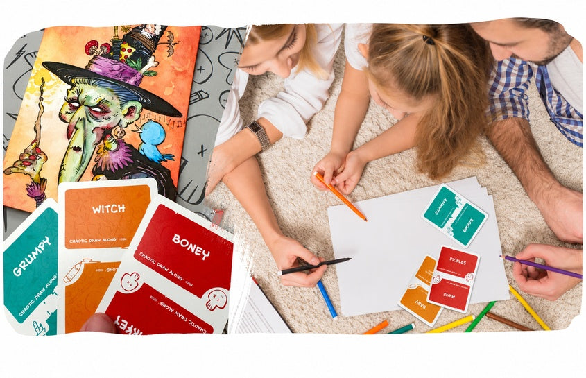 Family drawing game collage with Chaotic Draw Along prompt cards, colorful artwork, pencils, and a family drawing together on paper.