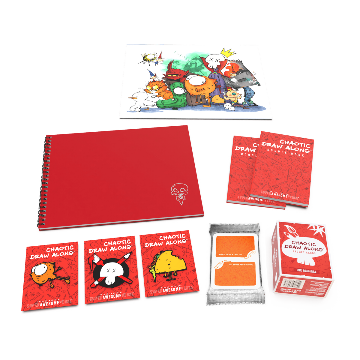 Super Awesome Chaos Pack featuring a red sketchbook, colorful Mega Print, doodle books, character cards, prompt cards, and booster cards, displayed in a comprehensive layout.