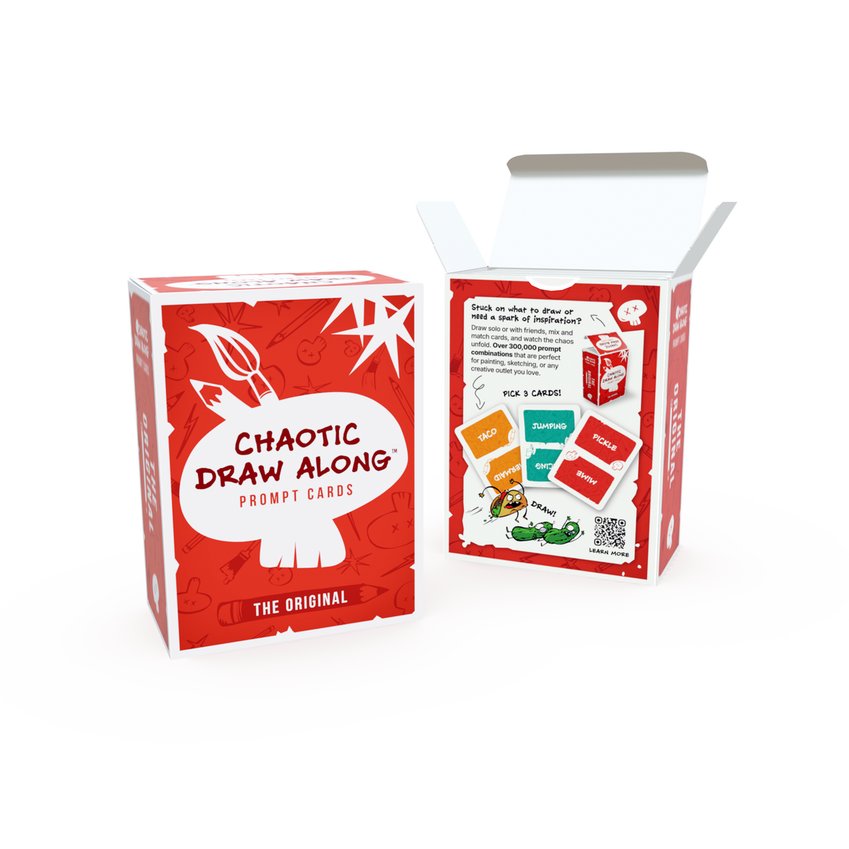 A front and back view of the "Chaotic Draw Along Prompt Cards" box. The back includes a description and a sample card displaying prompts like "Mermaid" and "Action Figure.