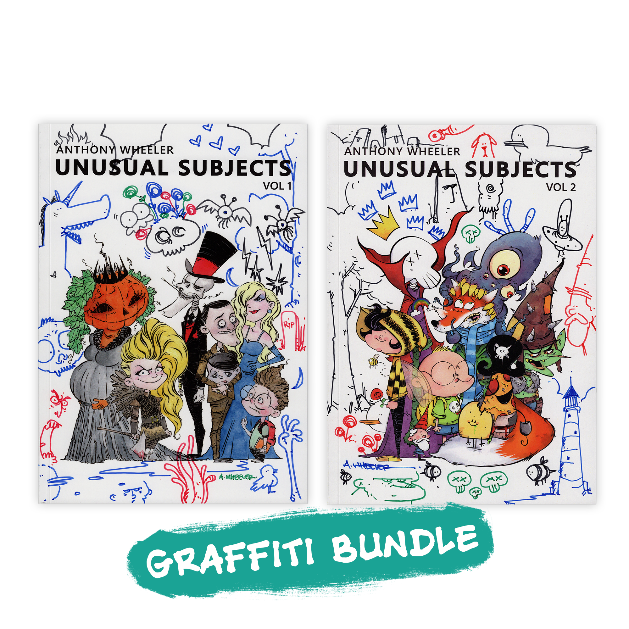 Bundle featuring the Graffiti Editions of Anthony Wheeler's Unusual Subjects Vol. 1 and Vol. 2 art books, each signed and decorated with unique hand-drawn graffiti artwork, making every pair one of a kind.