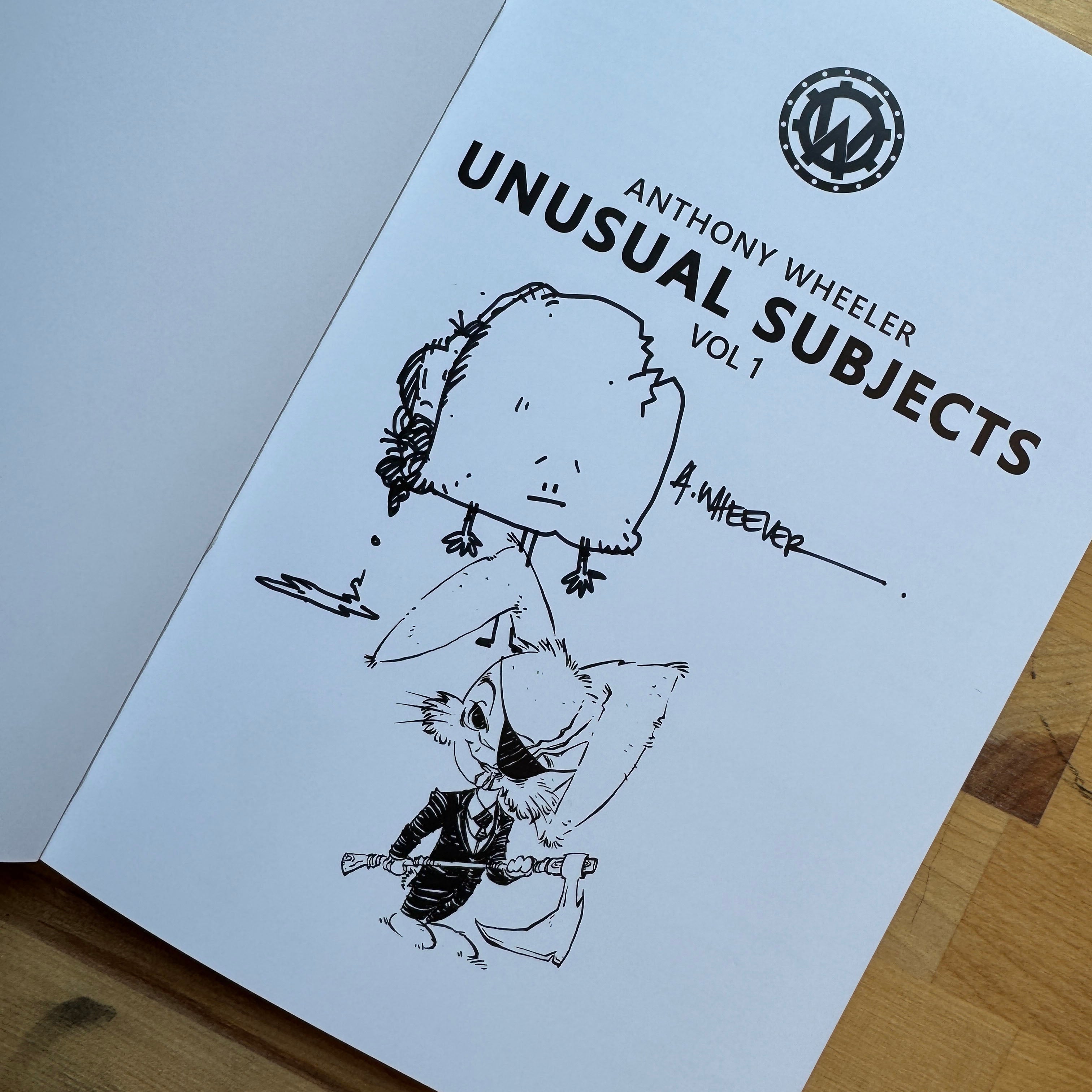 Signed doodle edition of Unusual Subjects Vol. 1 featuring an original rock creature illustration above a Grim Reaper sketch.
