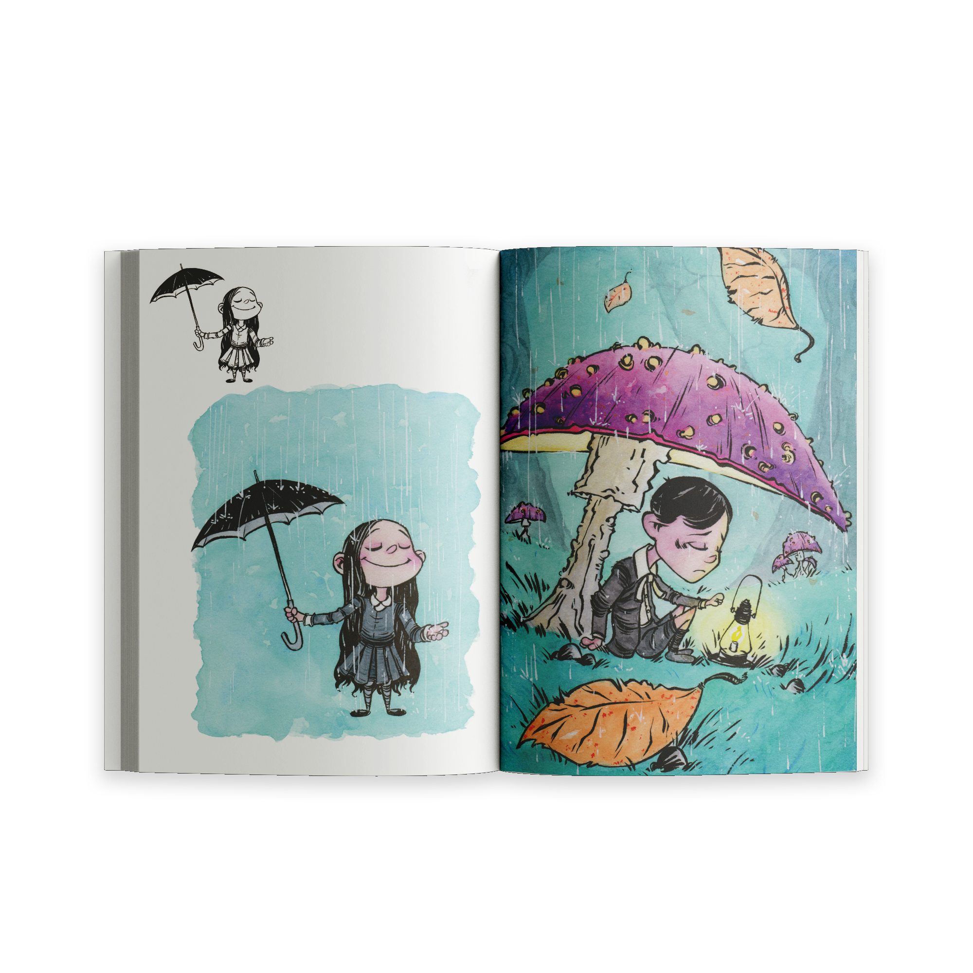 Open spread from Unusual Subjects Vol. 1 featuring a Wednesday-inspired character and a whimsical mushroom forest illustration.