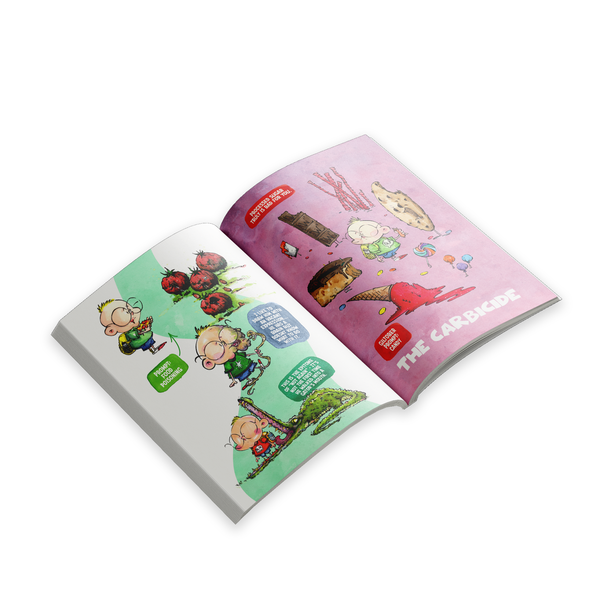 Open spread of “Unusual Subjects Vol. 2” showing a colorful illustrated comic page titled “The Carbicide.”
