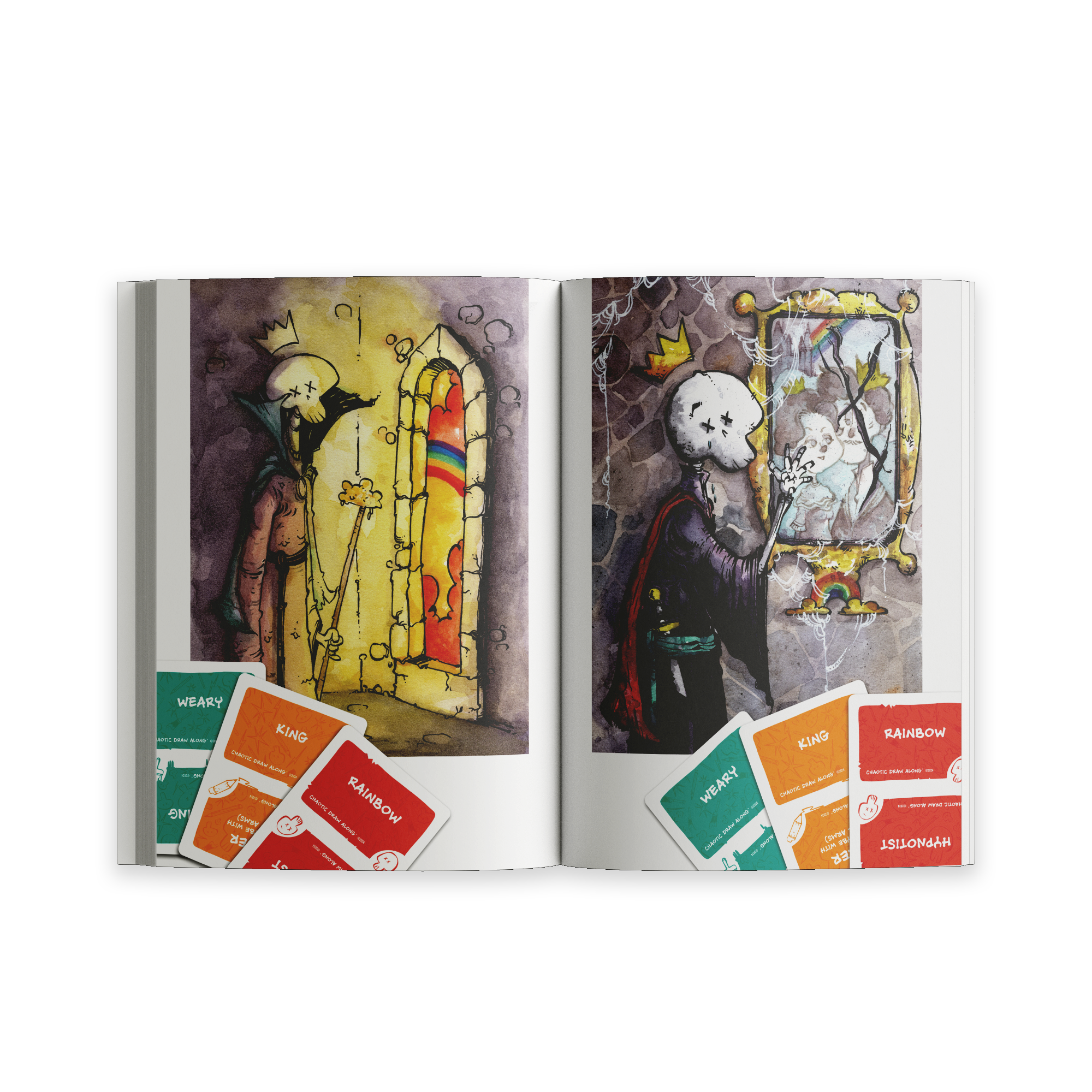 Spread from “Unusual Subjects Vol. 2” featuring a skeleton king character and prompt cards like “Rainbow” and “King.”