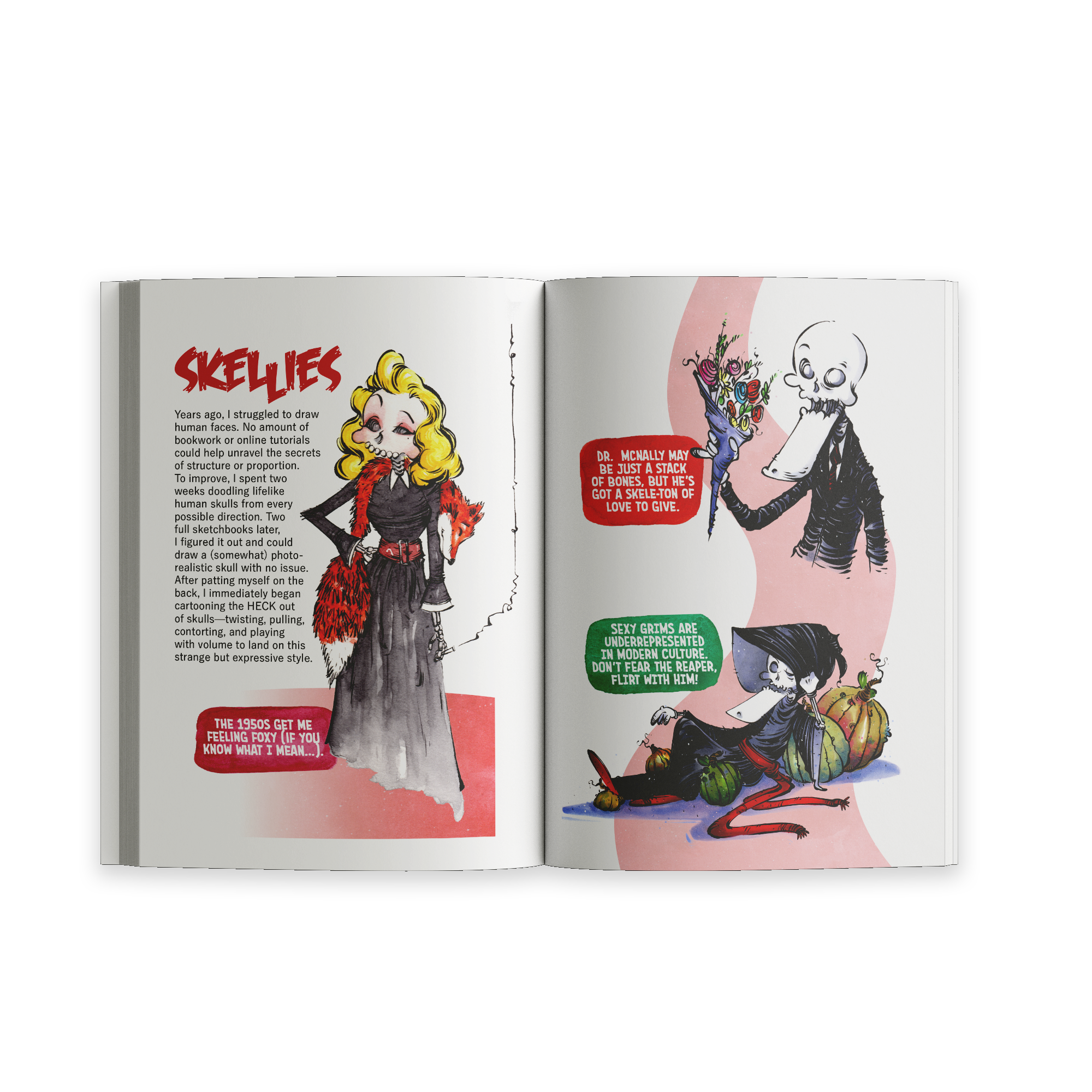 Open spread from “Unusual Subjects Vol. 2” featuring illustrated monsters and a muscular character labeled “The Biggest Monster.”
