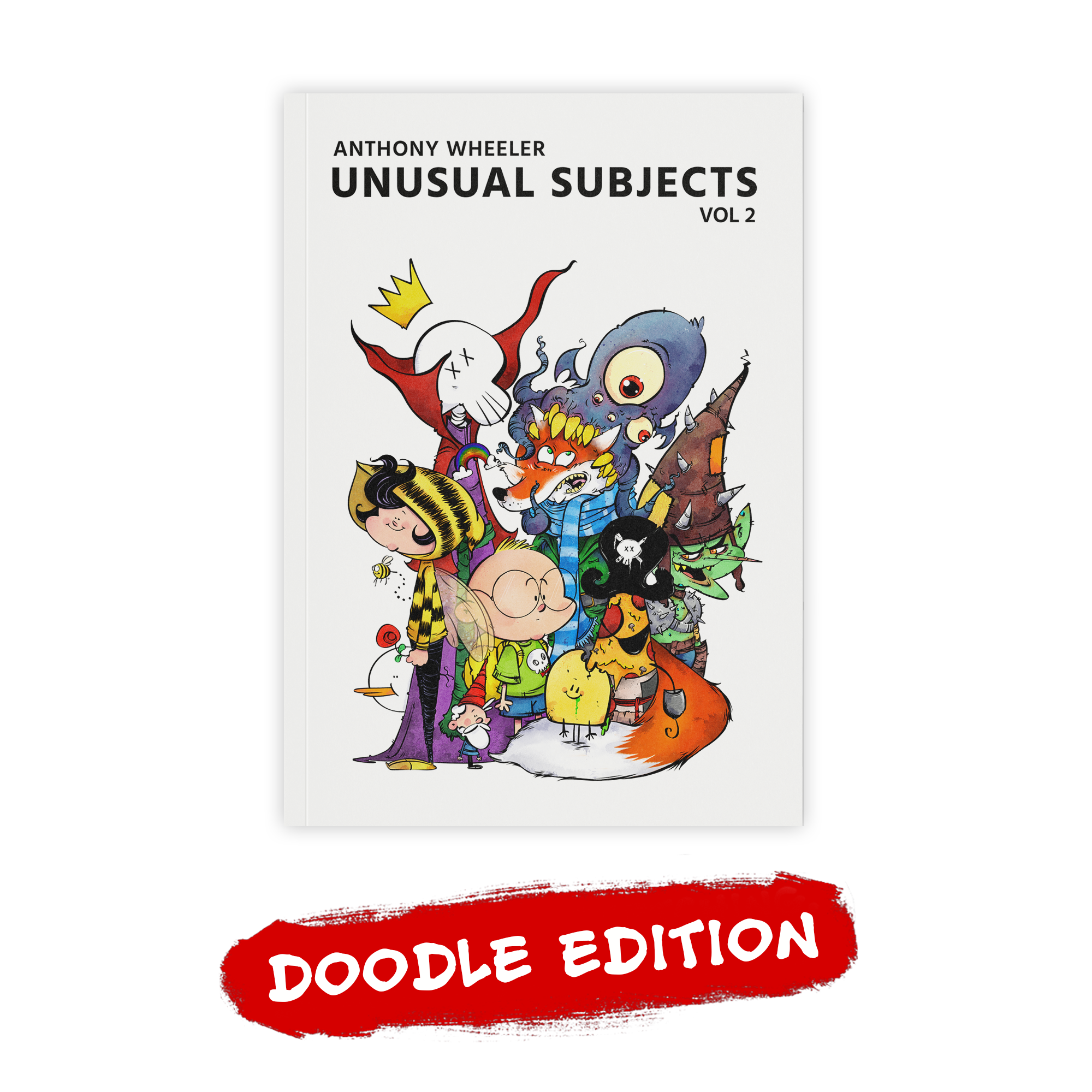 Unusual Subjects Vol. 2 Doodle Edition artbook cover featuring a colorful group of illustrated characters with a red “Doodle Edition” label.