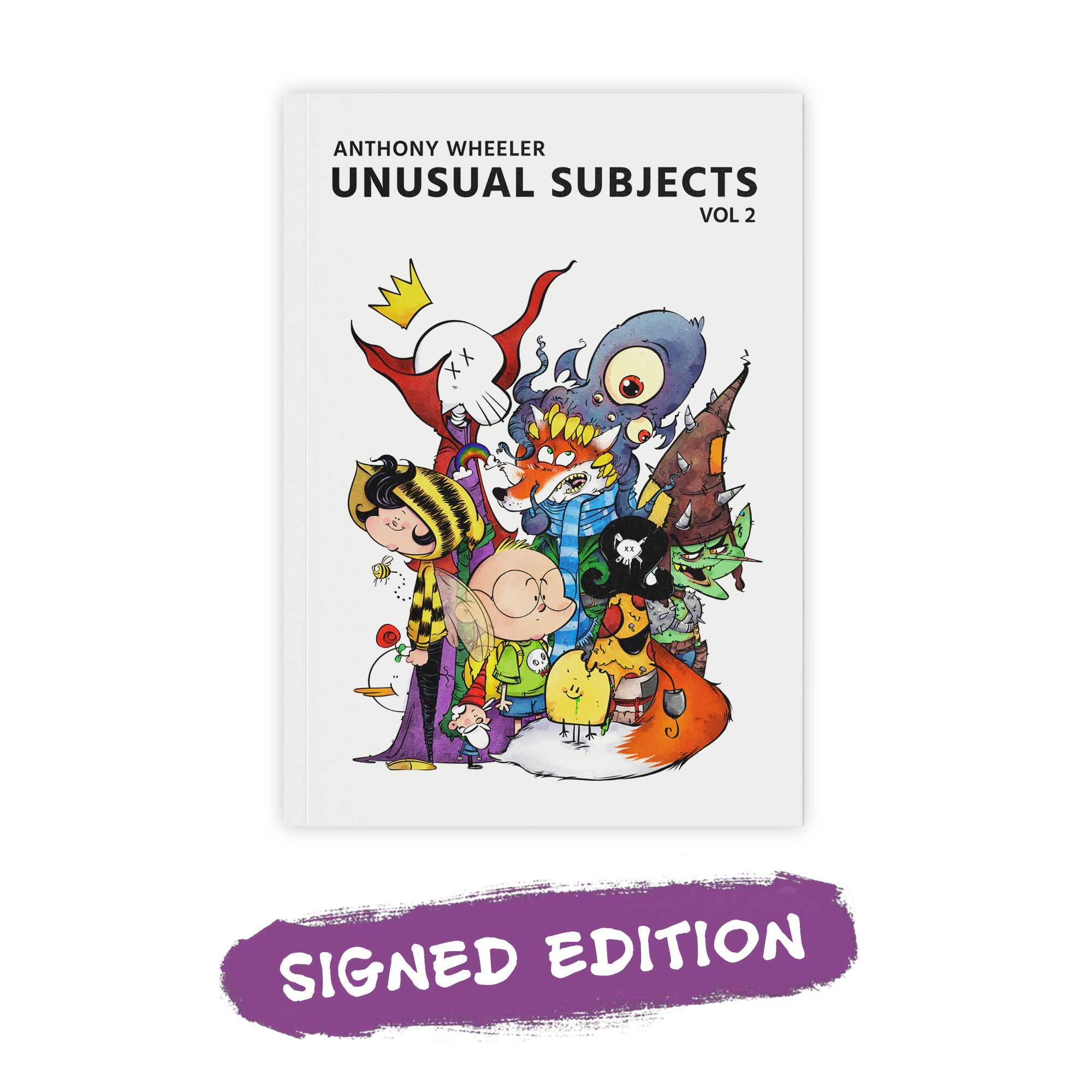 Unusual Subjects Vol. 2 Signed Edition artbook cover featuring a colorful cast of illustrated characters with a purple “Signed Edition” label.