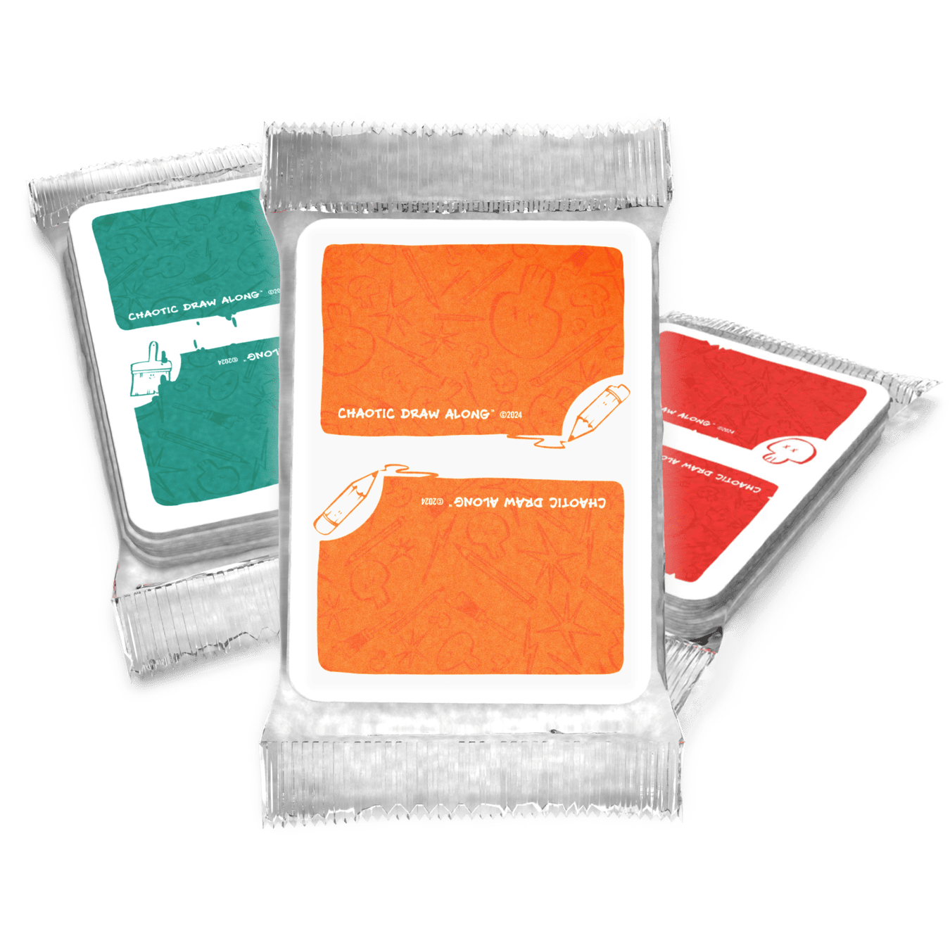 Booster packs for Chaotic Draw Along deck, featuring Red Card Booster pack, Orange Card Booster pack and Green Card Booster pack.