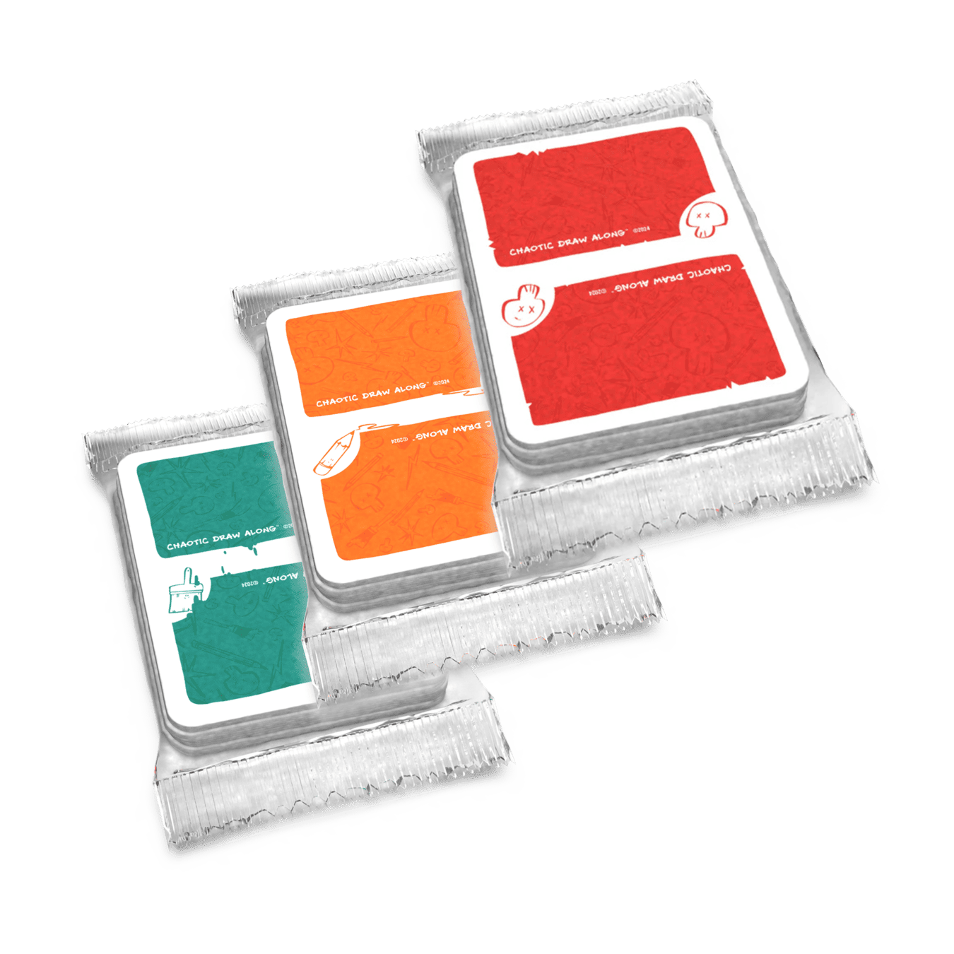 Booster packs for Chaotic Draw Along deck, featuring Red Card Booster pack, Orange Card Booster pack and Green Card Booster pack.