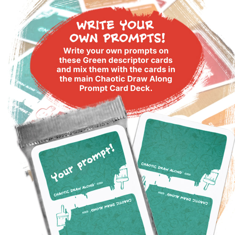 Green DESCRIPTOR cards from the Chaotic Draw Along deck, with blank "Your prompt!" spaces, inviting users to write their own creative descriptors.