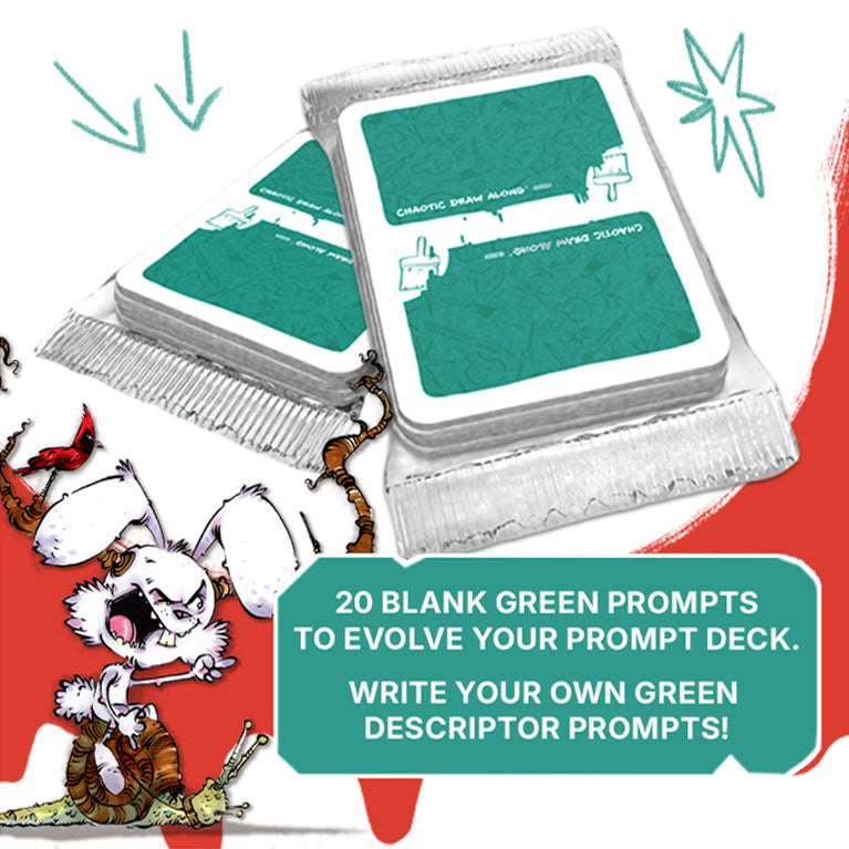Foil-wrapped green DESCRIPTOR cards from the Chaotic Draw Along deck, offering blank cards for users to write their own descriptor prompts and customize their decks.