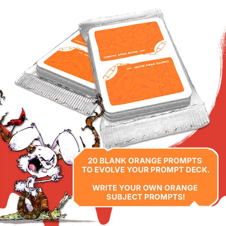 Foil-wrapped orange SUBJECT cards from the Chaotic Draw Along deck, allowing users to write their own subject prompts and expand their drawing experience.