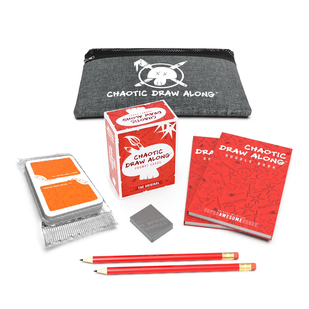Everything You Need bundle featuring a Chaotic Draw Along branded gray pouch, red prompt cards, doodle books, booster cards, pencils, and an eraser, arranged in a creative and organized layout.