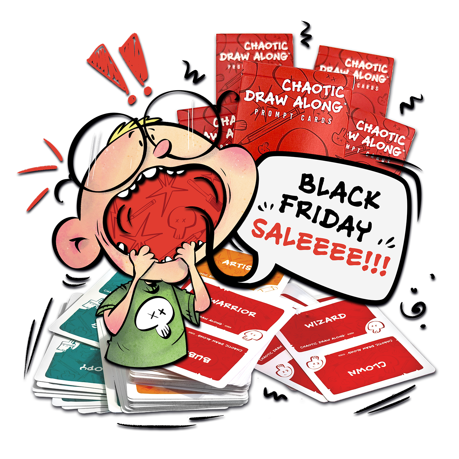 Excited cartoon character shouting next to a large stack of colorful Chaotic Draw Along prompt cards with a speech bubble that says “Black Friday Saleeee!!!”