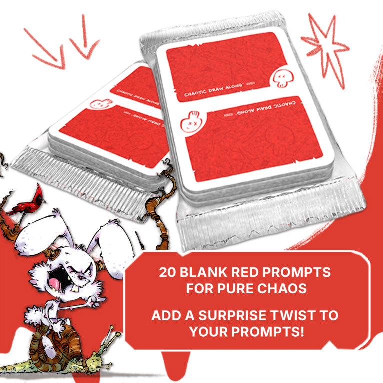 Two foil packs of blank red CHAOS cards from the Chaotic Draw Along deck, labeled “Chaotic Draw Along,” with a note that they’re for adding surprise twists to prompts.