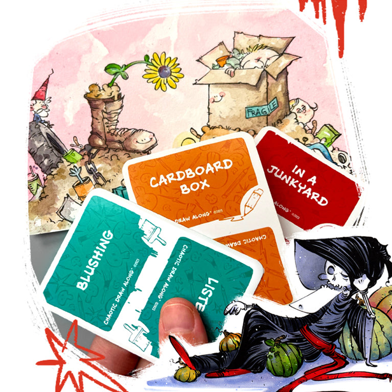 A whimsical junkyard scene with playful clutter and a character lounging with pumpkins, next to prompt cards labeled “Blushing,” “Cardboard Box,” “In a Junkyard,” and “Listening.”