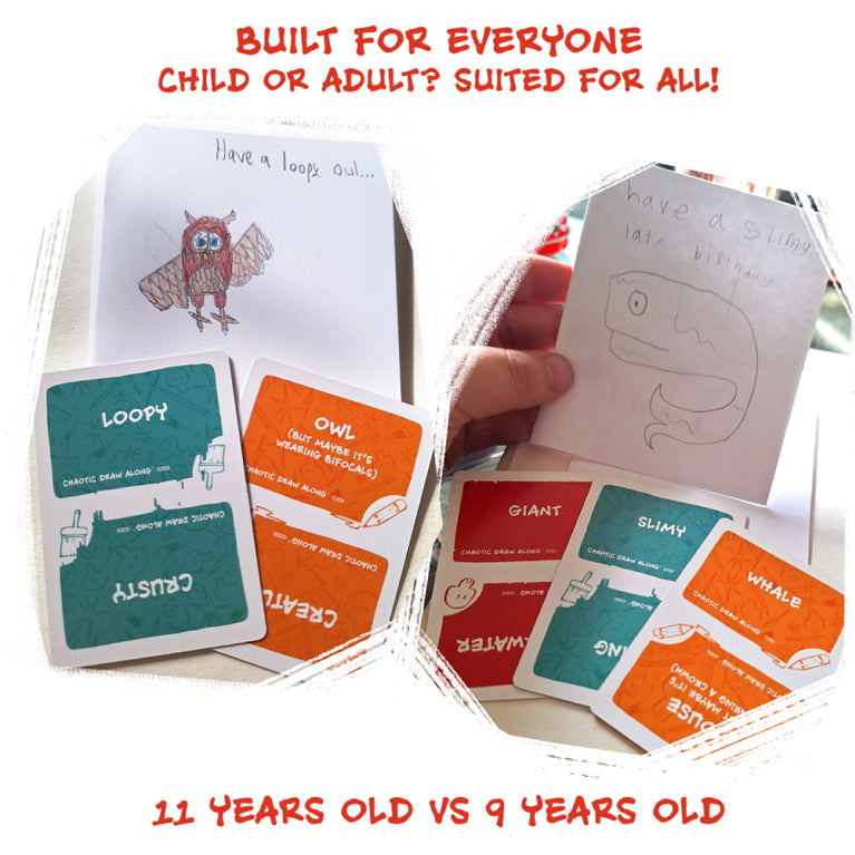 Two hand-drawn sketches by children—an owl and a whale—with the associated prompt cards “Loopy,” “Owl,” “Giant,” “Slimy,” and “Whale,” showing that the game is fun for both kids and adults, labeled “11 years old vs 9 years old.”