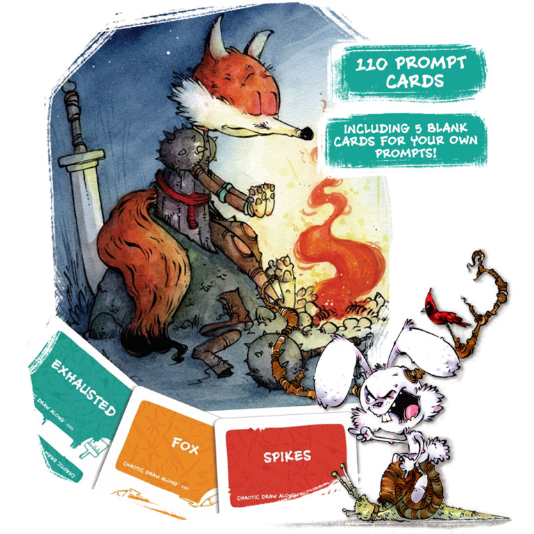 An illustration of a fox knight resting by a fire with a bunny warrior nearby; cards shown include “Exhausted,” “Fox,” and “Spikes,” alongside labels stating “110 Prompt Cards” and “5 Blank Cards for Your Own Prompts.”