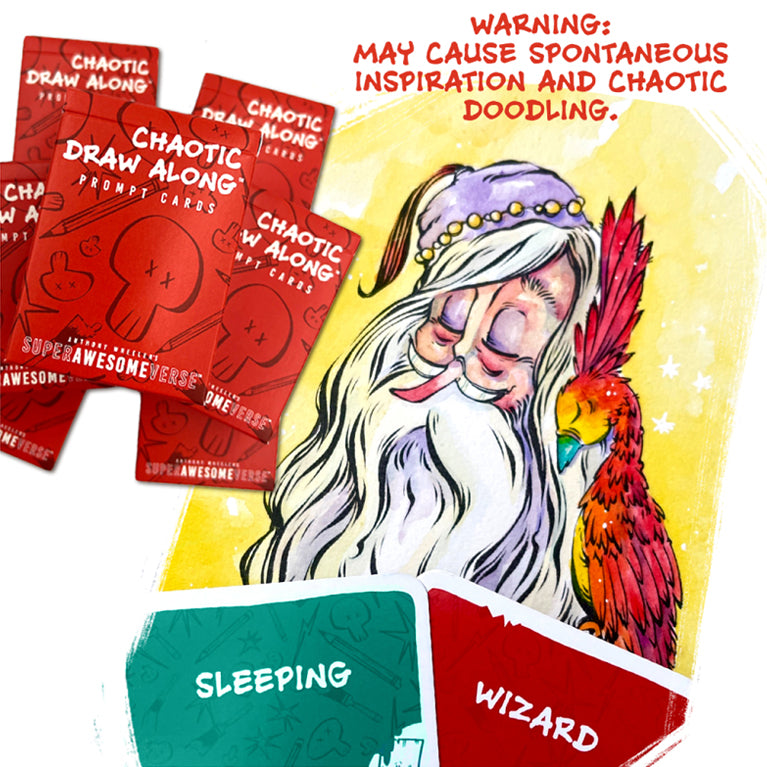 A dreamy illustration of a sleeping wizard with a red parrot, surrounded by red Chaos cards and prompt cards labeled “Sleeping” and “Wizard,” alongside a warning about spontaneous inspiration and doodling.