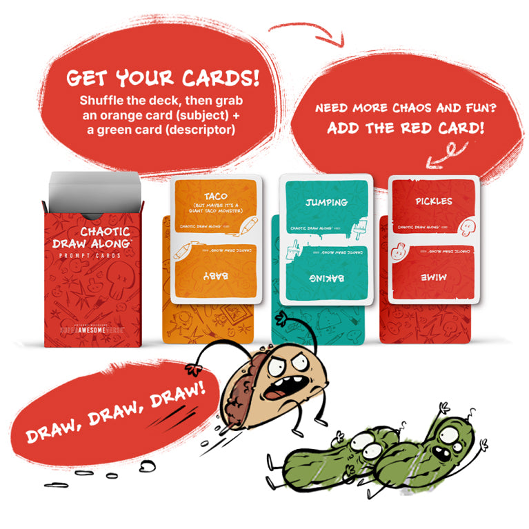 A visual guide for playing Chaotic Draw Along showing a red deck box, sample cards (Taco, Baby, Jumping, Barking, Pickles, Mine), and playful illustrations of a running taco and fleeing pickles; text bubbles explain how to draw cards and add chaos.