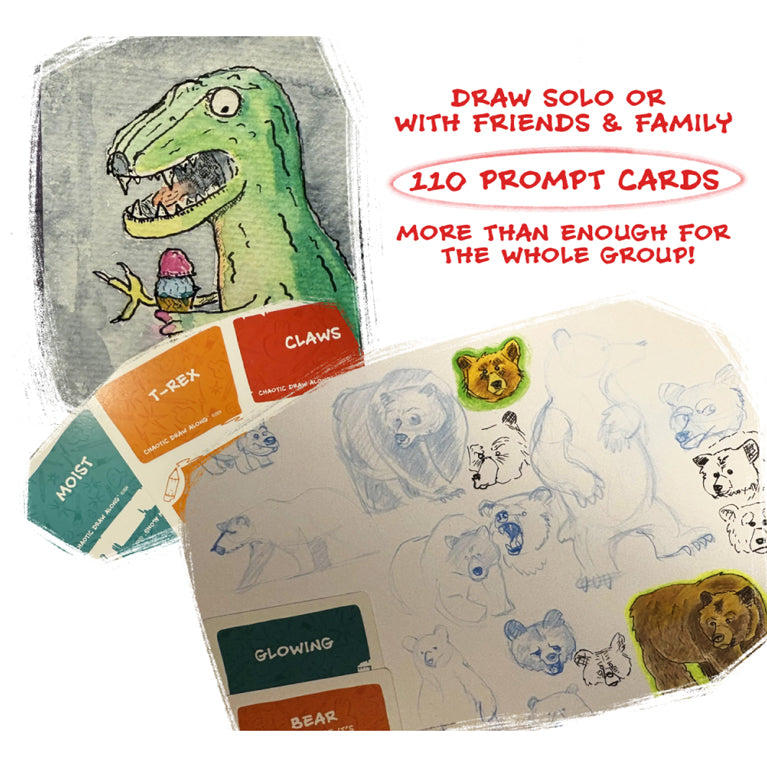 A funny T-Rex drawing holding an ice cream cone with prompt cards “T-Rex,” “Moist,” and “Claws” nearby, plus sketches of bears labeled “Glowing” and “Bear,” emphasizing group play with 110 prompt cards.