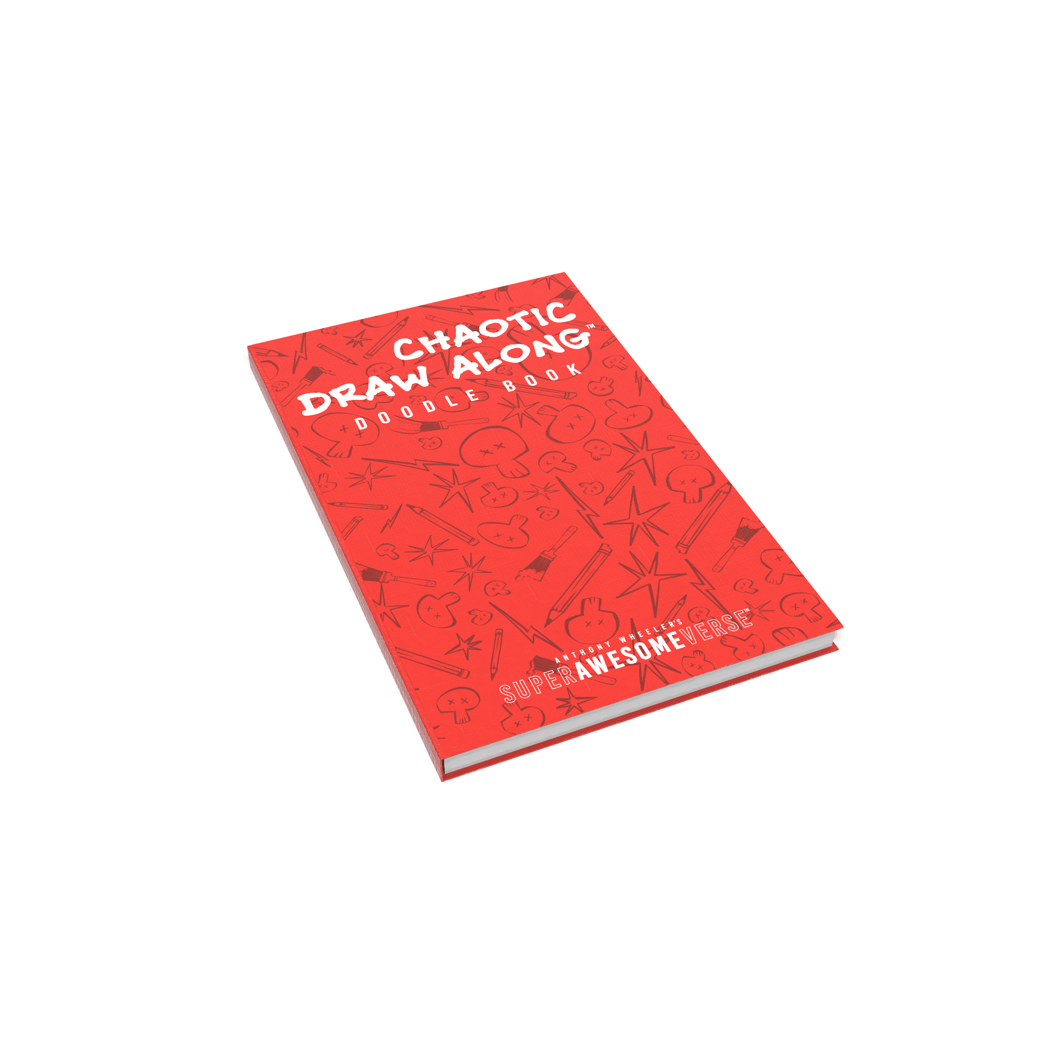 Angled view of the Chaotic Draw Along Doodle Book, showcasing the vibrant red cover design.
