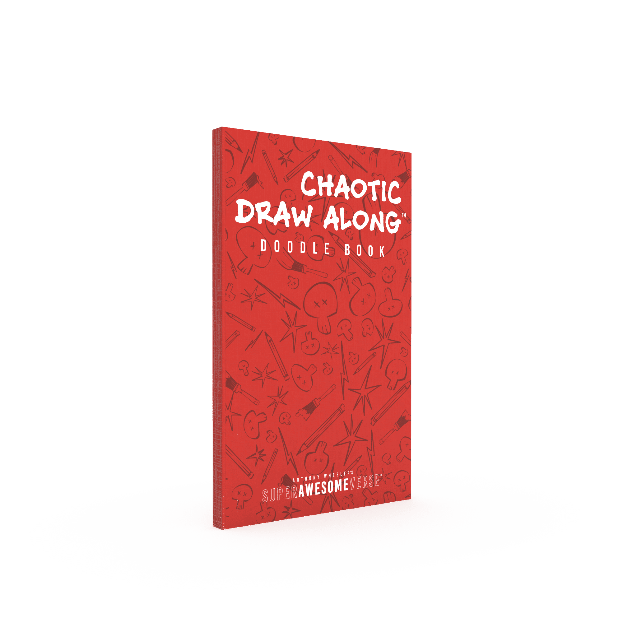 Chaotic Draw Along Doodle Book displayed upright with a vibrant red cover featuring playful illustrations and the Super Awesome branding.