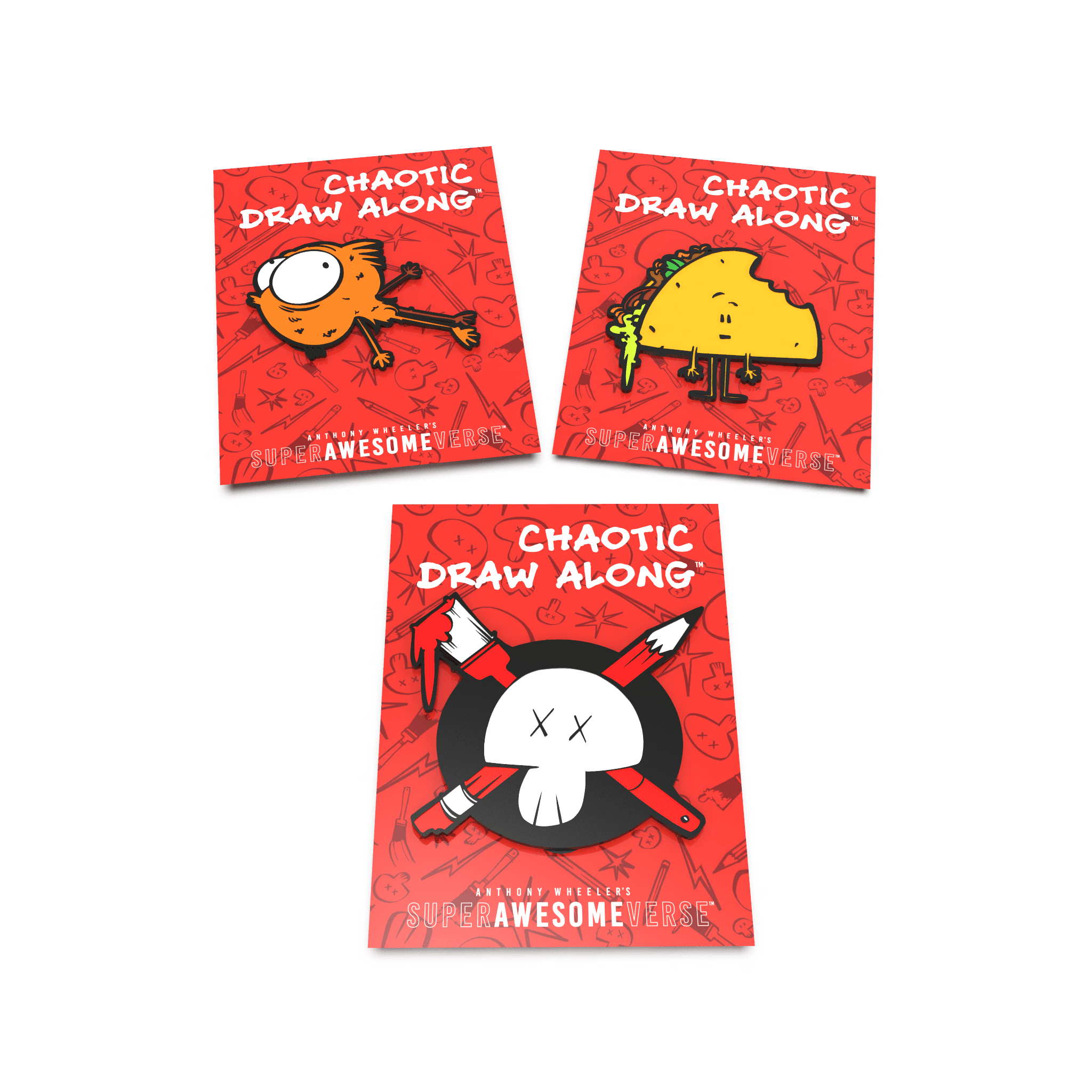A set of three "Chaotic Draw Along" enamel pins, each on a red card with unique illustrations – a fish, a taco, and a skull crossed with art tools.
