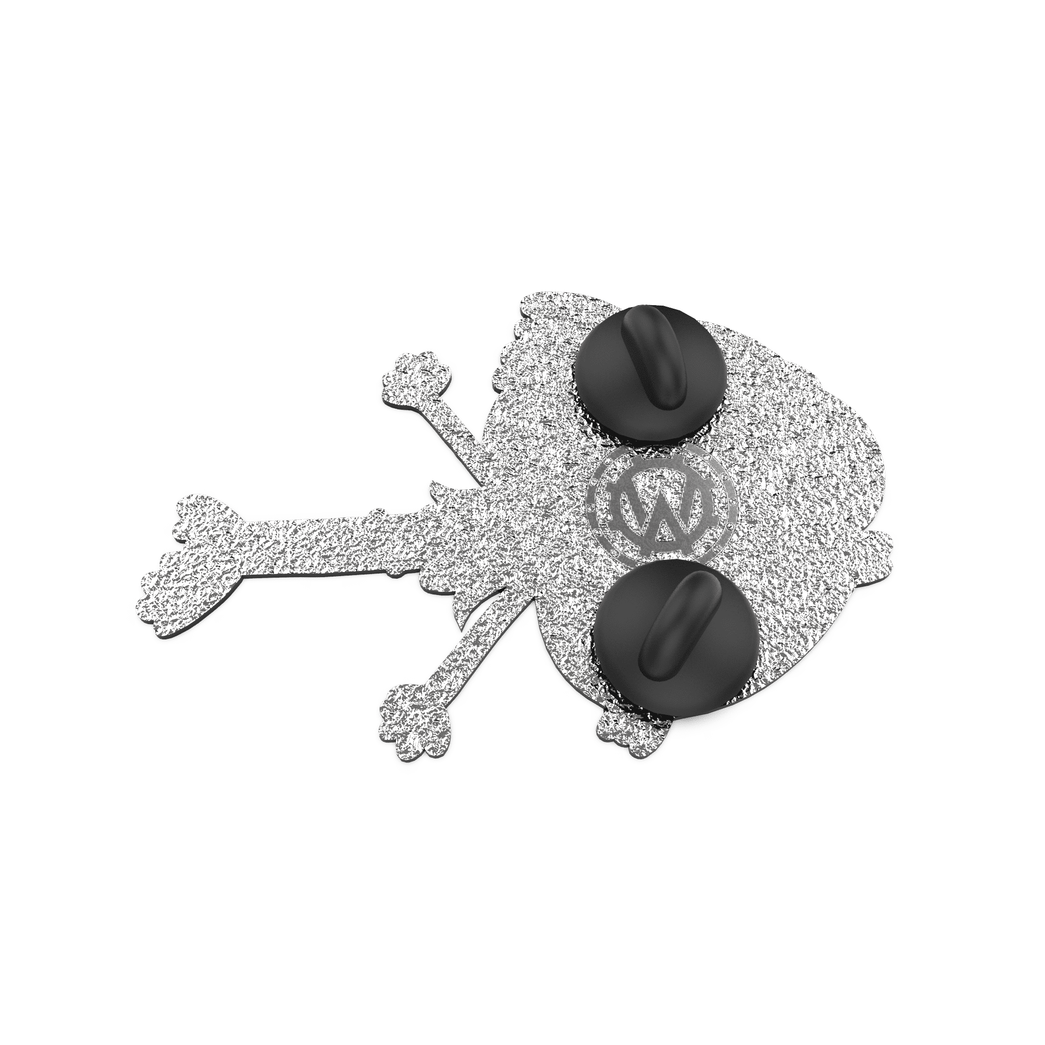 Reverse Mermaid enamel pin, angled side view, highlighting its quirky orange character and detailed design.