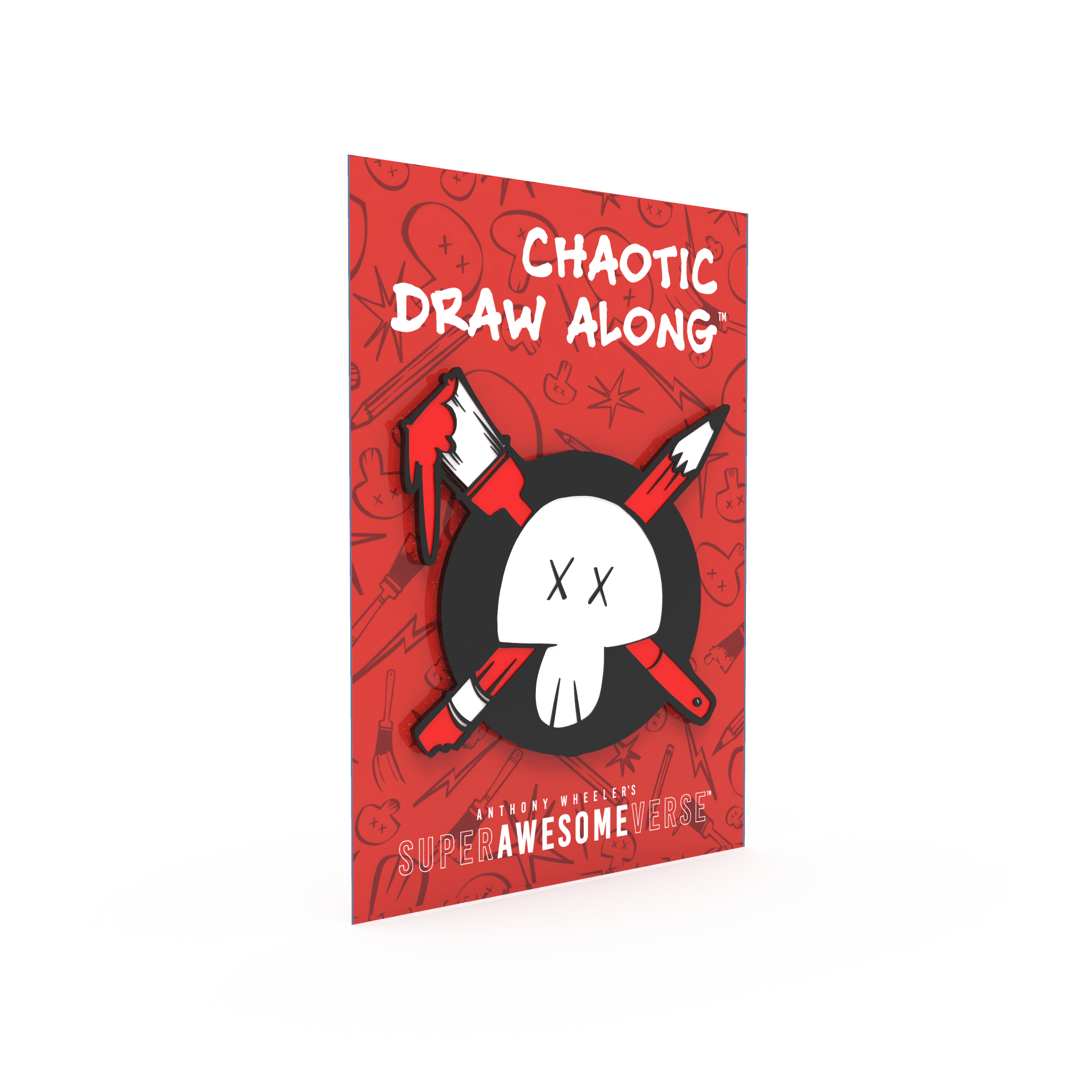 Skelly enamel pin featuring a white skull with crossed red paintbrush and pencil on a black circular background.