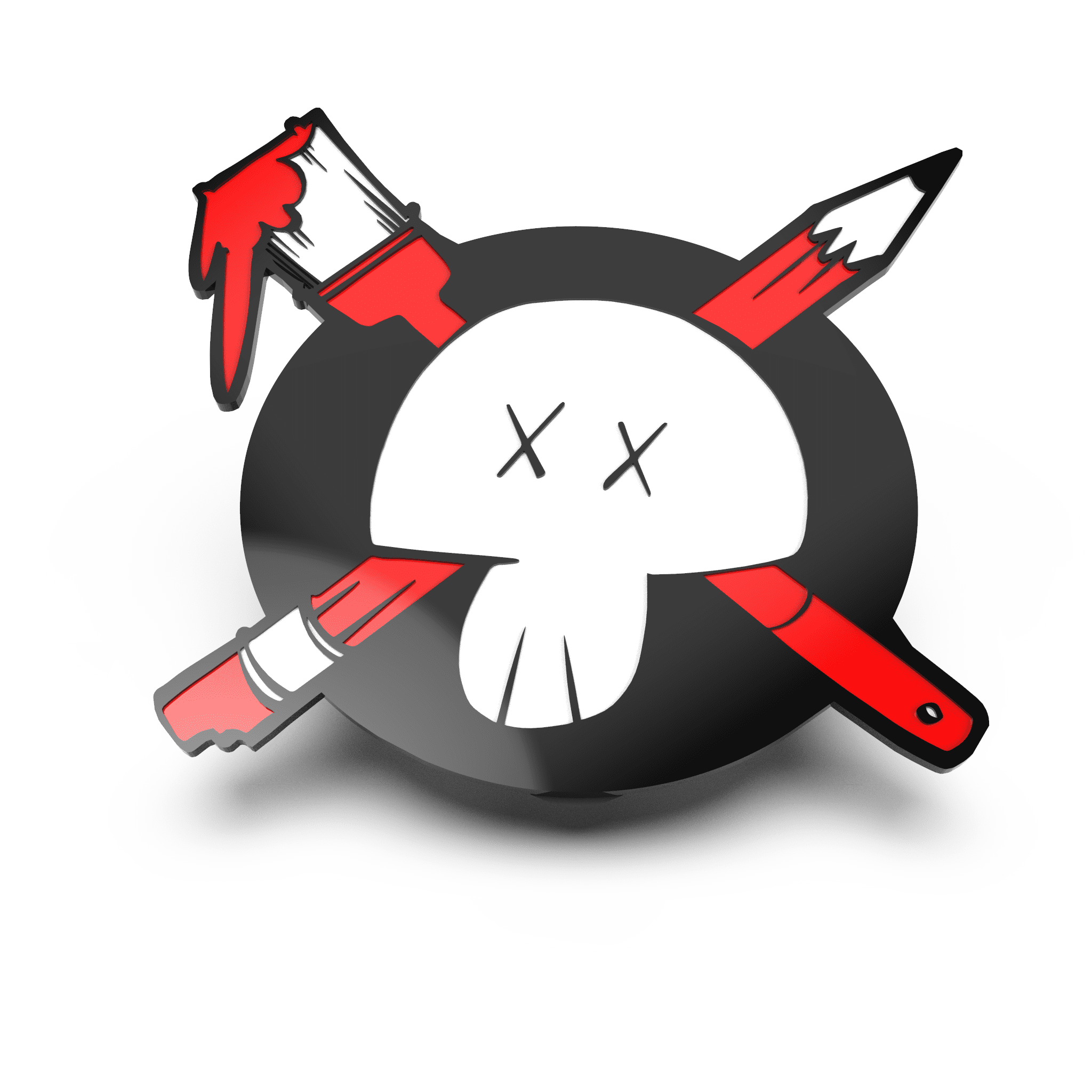 Angled side view of the Skelly enamel pin highlighting the detailed design of the skull and crossed tools.