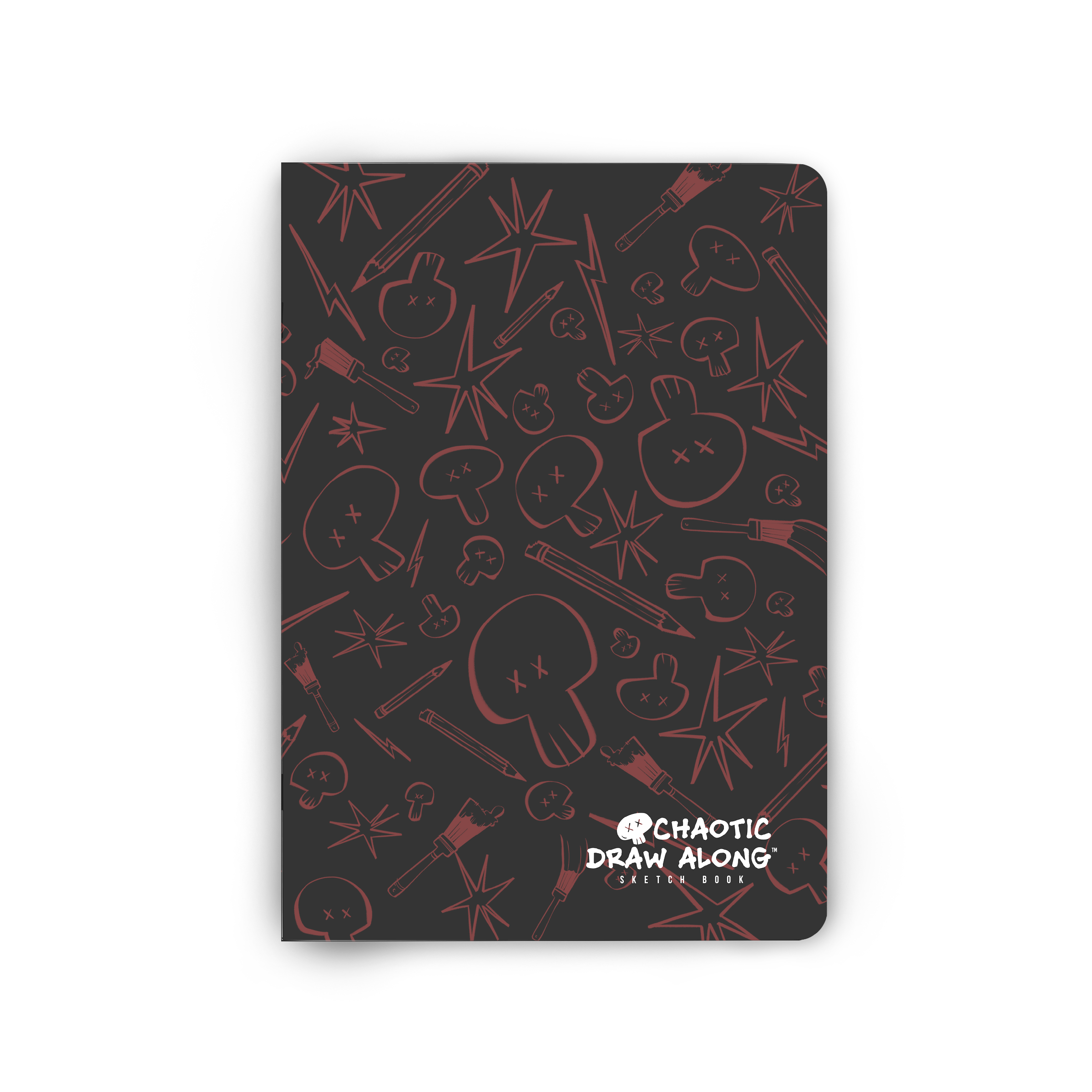 Front view of the black Chaotic Draw Along Sketchbook featuring a red skull-and-brush pattern.