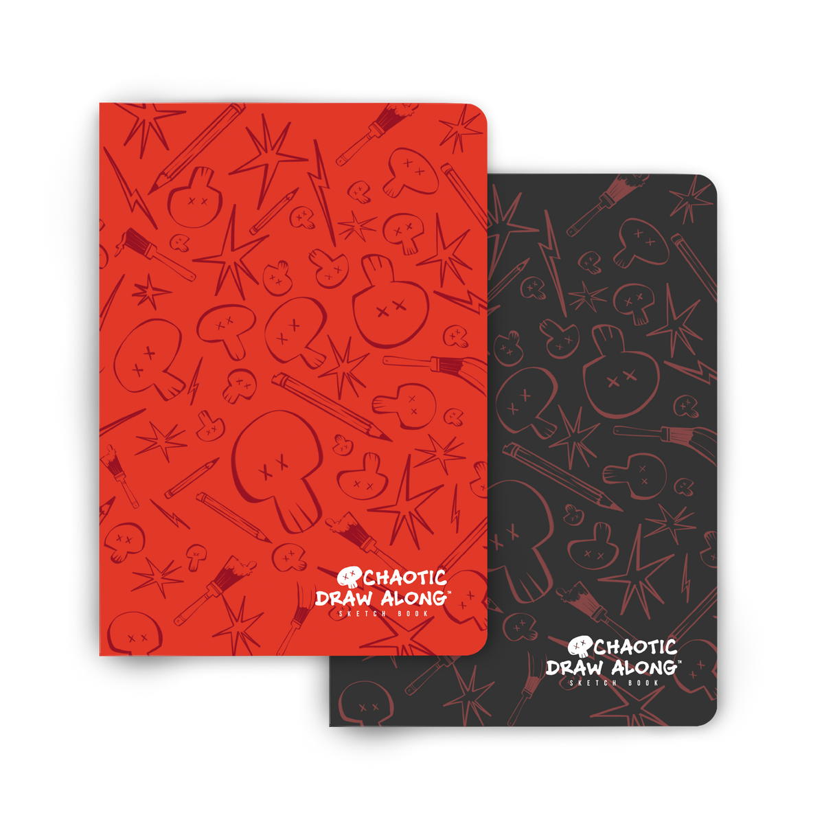 Red and black Chaotic Draw Along sketchbooks stacked with bold covers facing forward.