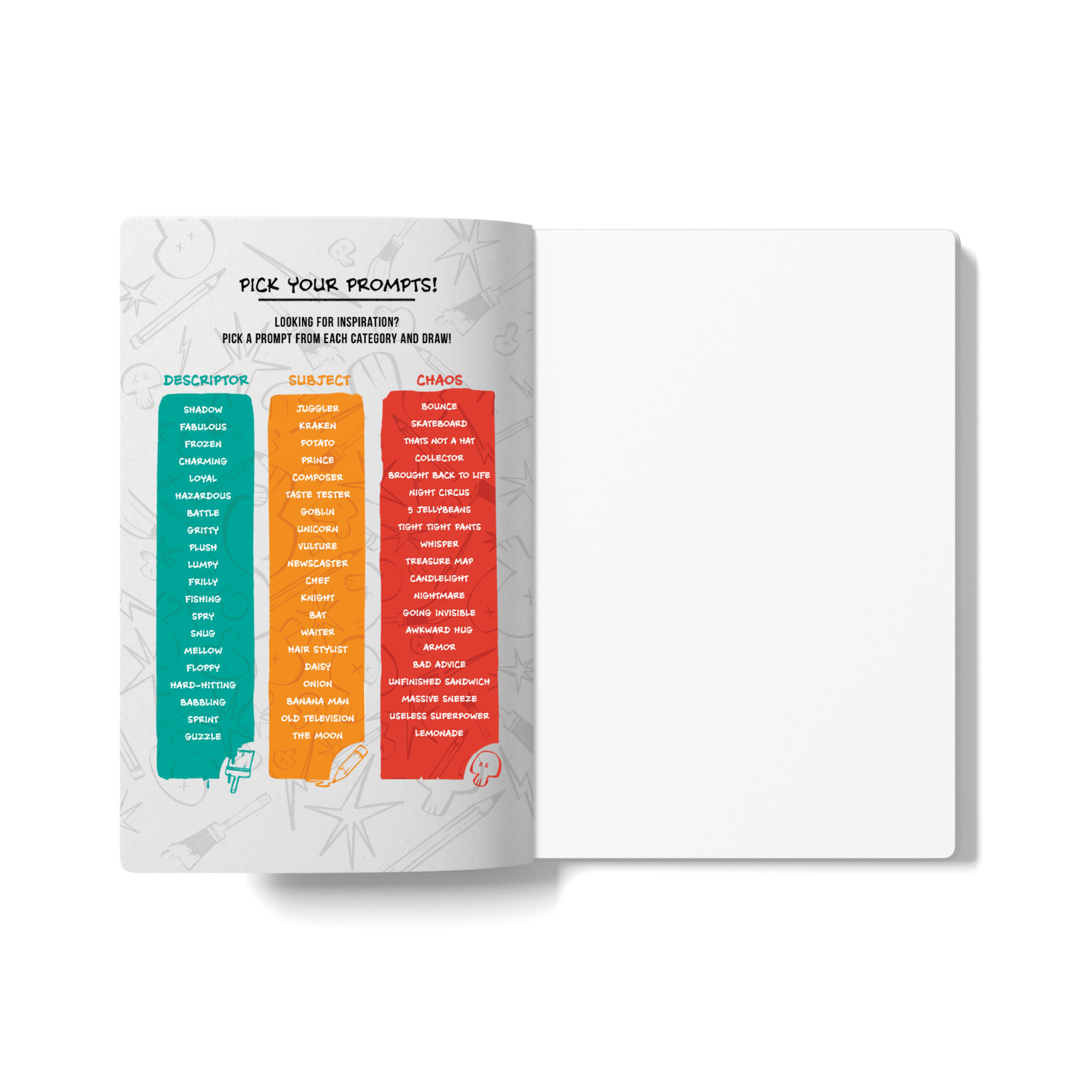 Open sketchbook with a colorful prompt list on the left page and a blank drawing page on the right.