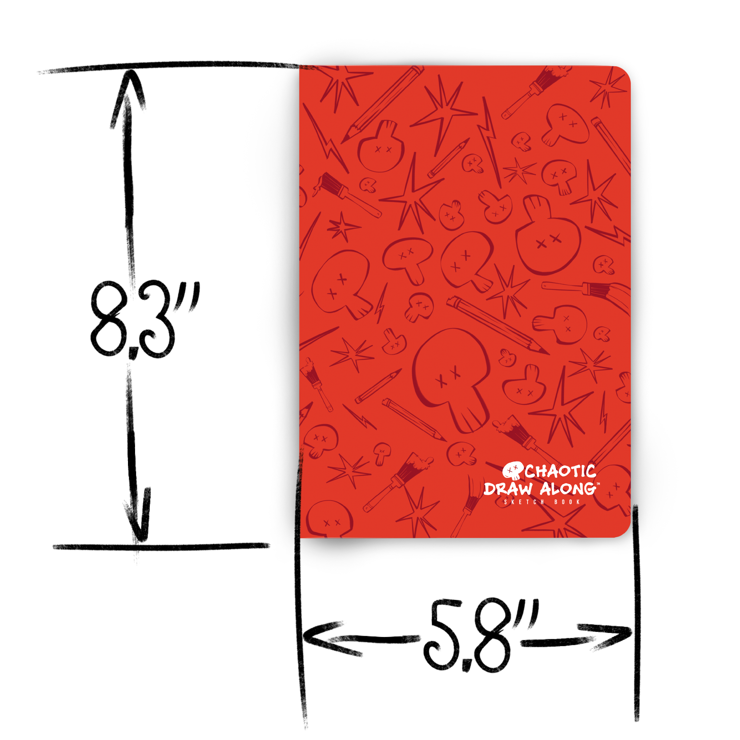 Chaotic Draw Along red sketchbook with hand-drawn measurement annotations showing 8.3 inches tall and 5.8 inches wide.