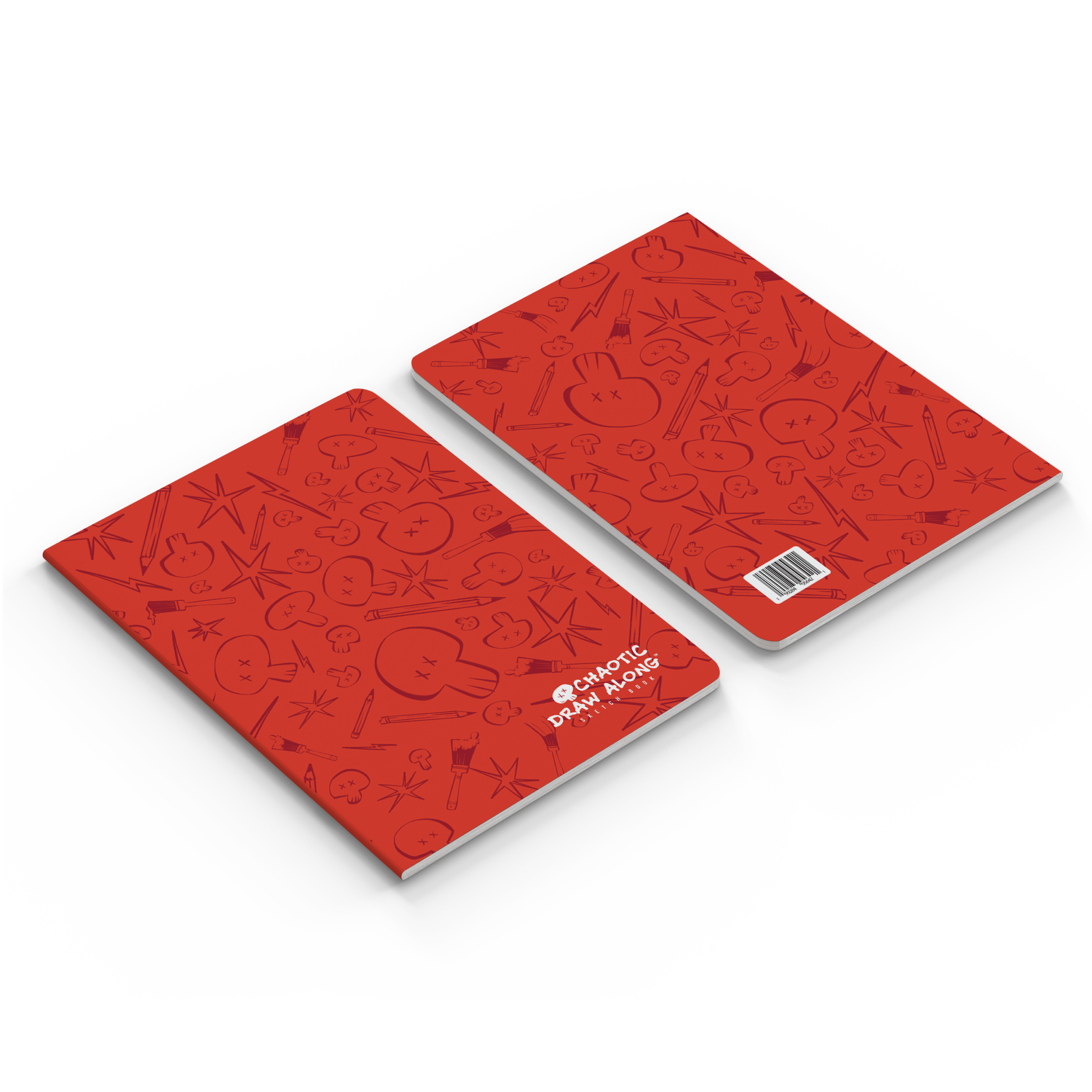 Front and back view of the red Chaotic Draw Along sketchbook, featuring a barcode and repeated icon pattern.