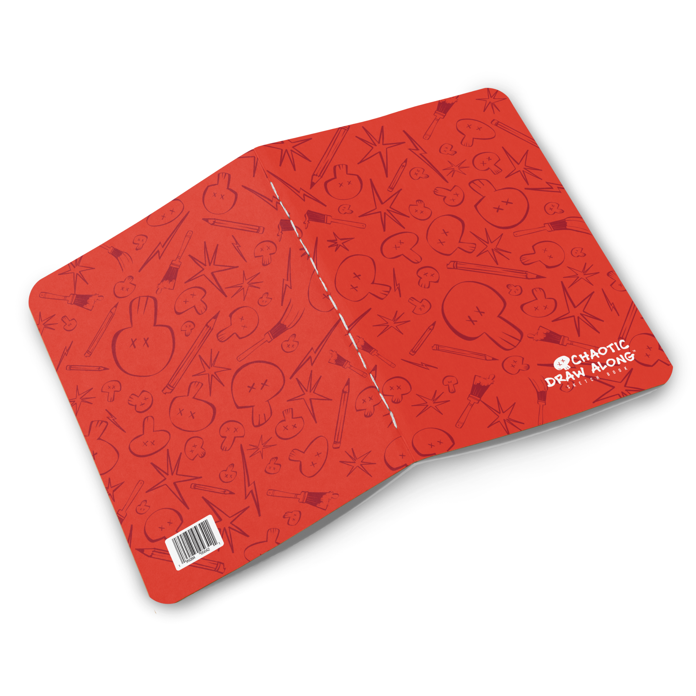 Opened red sketchbook showing the inner front and back covers with stitched spine and chaotic icon illustrations.