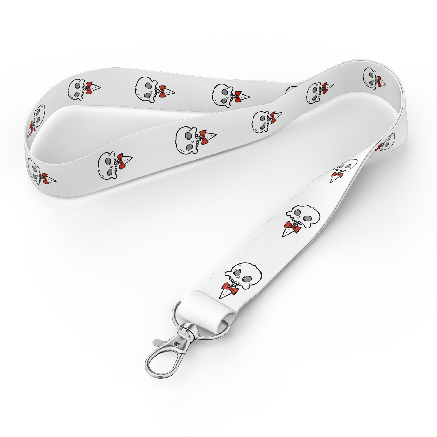 Full view of the Chaotic Draw Along white skull lanyard with repeating character artwork and metal clasp.