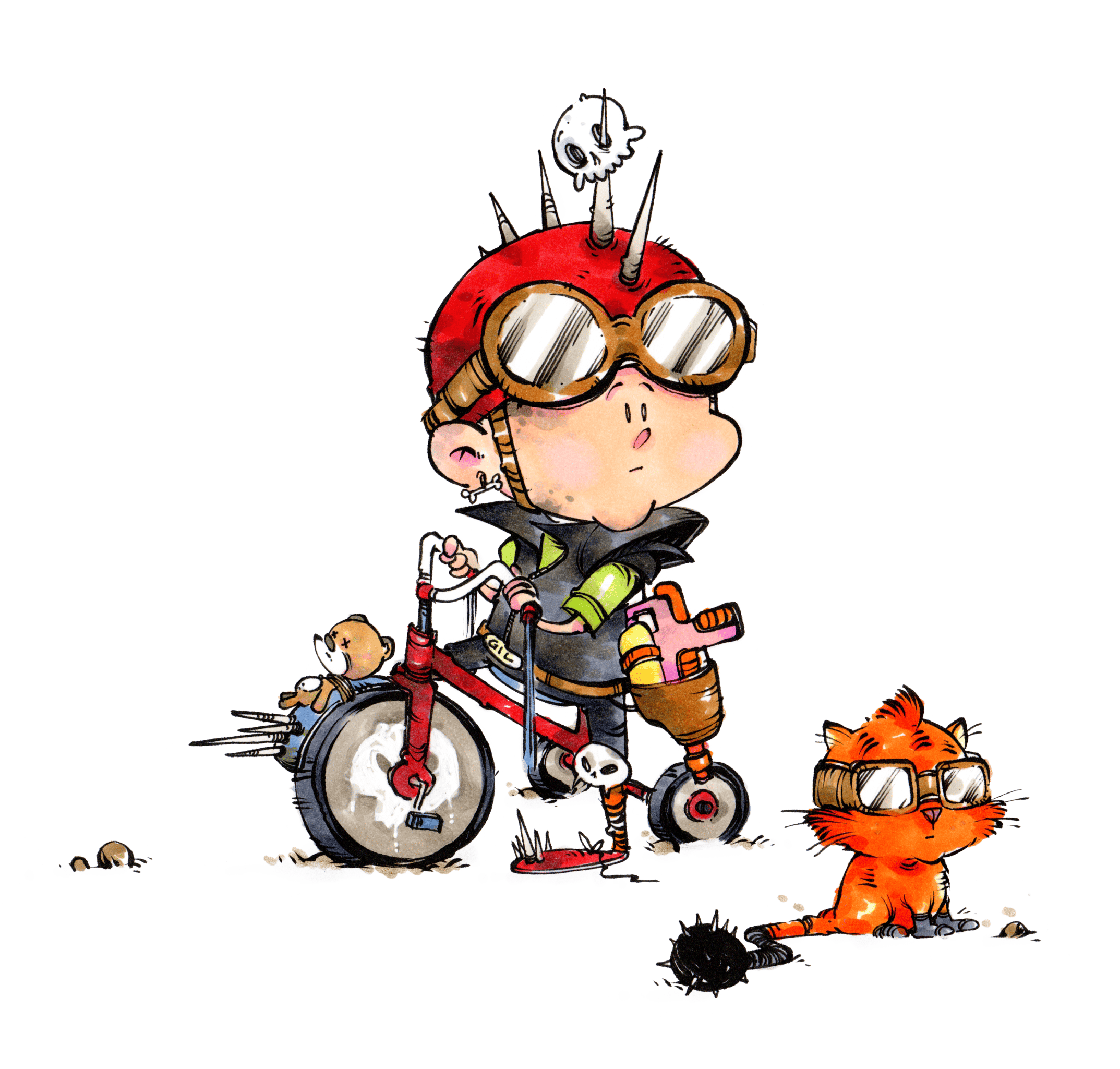 A whimsical illustration of a young biker wearing a spiked red helmet, aviator goggles, and a leather jacket, accompanied by a small orange cat also wearing goggles, with a tricycle adorned with skull decorations.