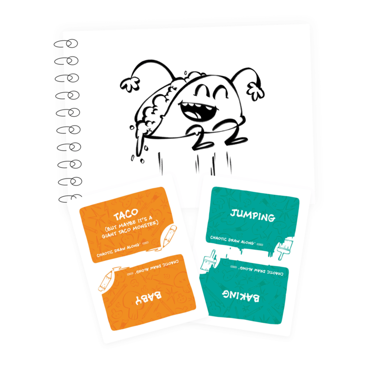 A playful sketch of a jumping taco with arms and legs, drawn in a spiral notebook. Two colorful game cards labeled 'Taco' and 'Jumping' from the Chaotic Draw Along game are placed in front.