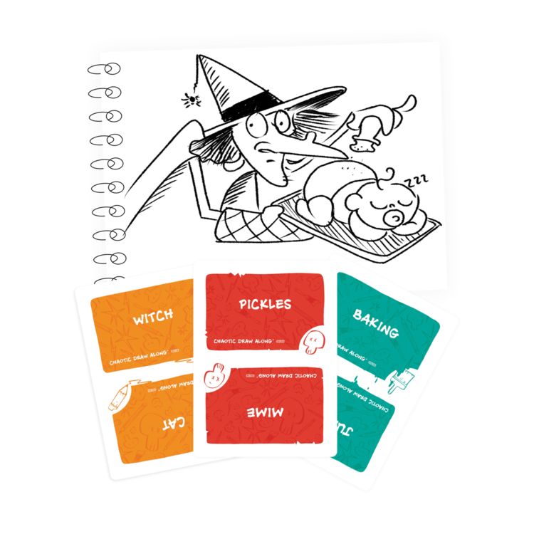 A whimsical sketch of a witch preparing to season a sleeping baby on a baking tray, drawn in a spiral notebook. Three game cards labeled 'Witch,' 'Pickles,' and 'Baking' from the Chaotic Draw Along game are placed in front.