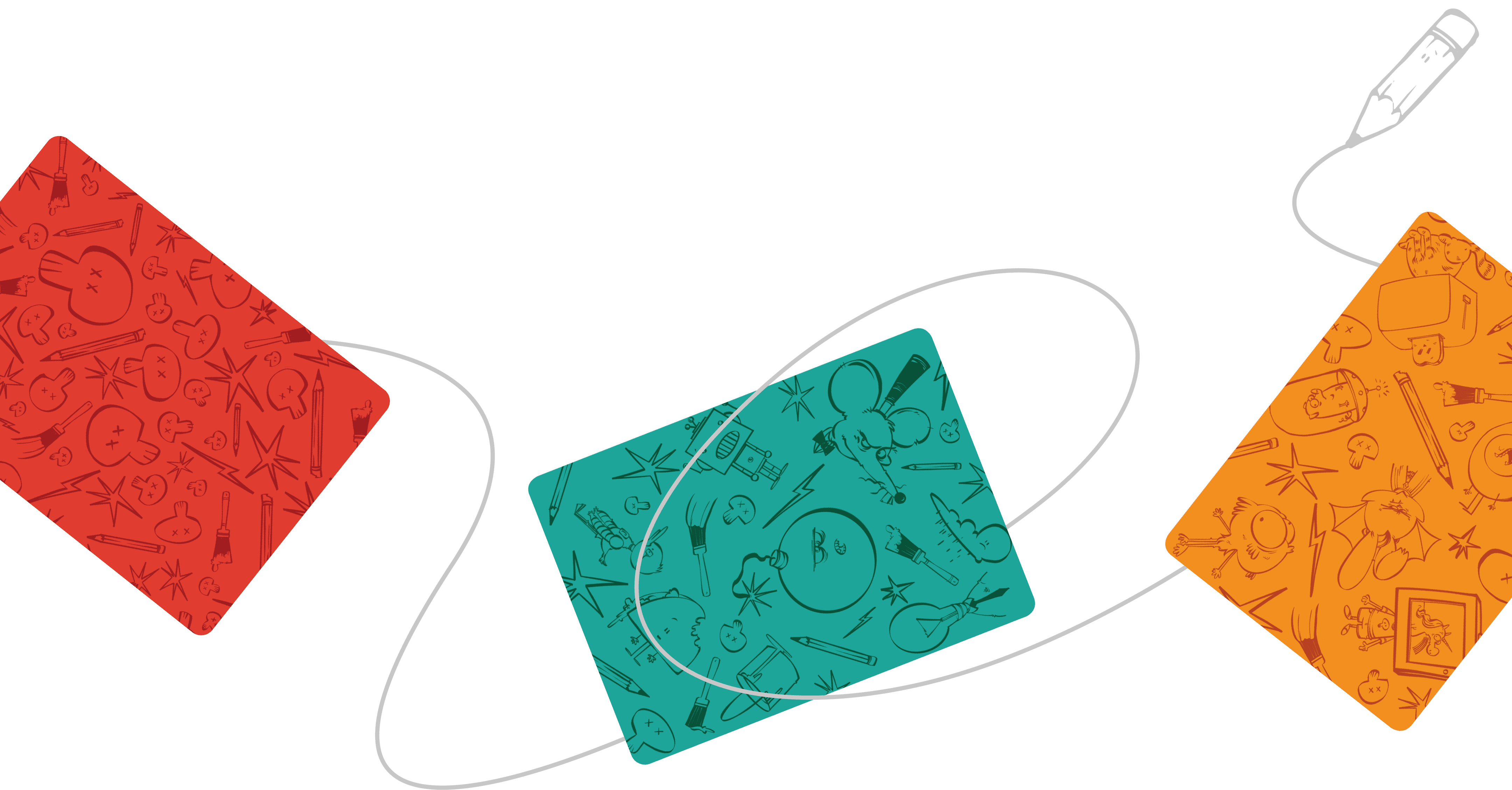 A doodle pencil linking three Chaotic Draw Along card backs (red, green and yellow).