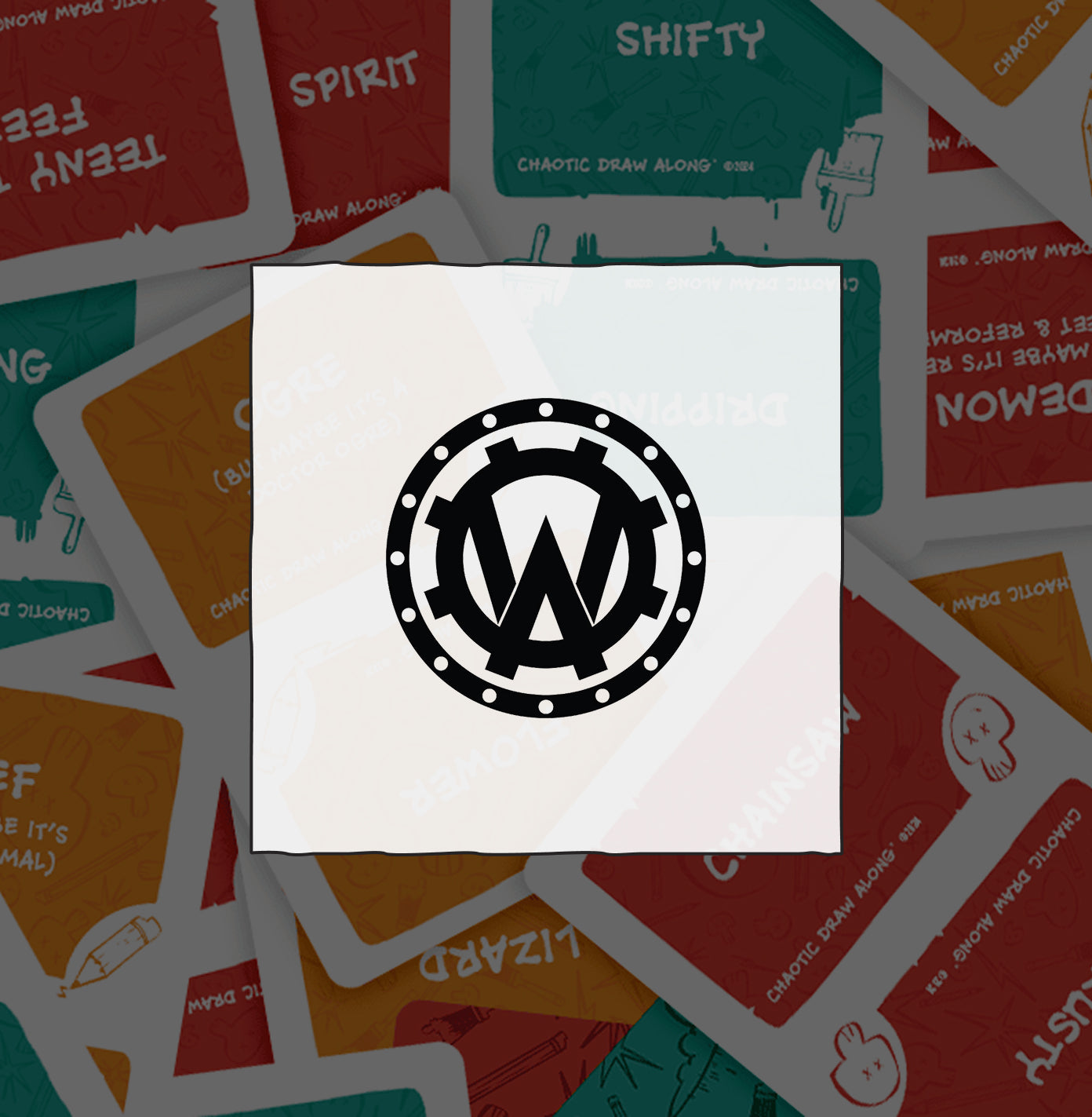 Black circular gear logo with a stylized W inside, centered on a white square over Chaotic Draw Along cards background.