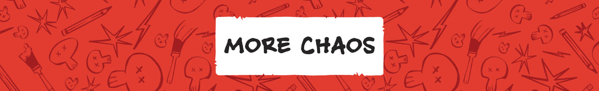 Wide red banner with illustrated tools and characters from Chaotic Draw Along, featuring the text “MORE CHAOS” in bold white center box.