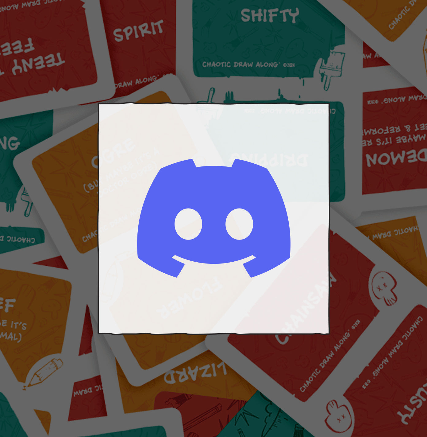 Blue Discord logo icon placed in the center of a white square on top of Chaotic Draw Along cards.