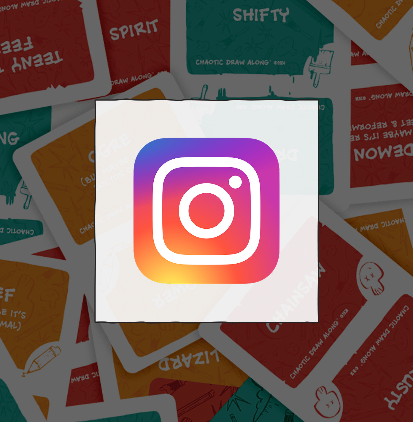 Multicolor Instagram logo centered on a white square over a background filled with Chaotic Draw Along cards.
