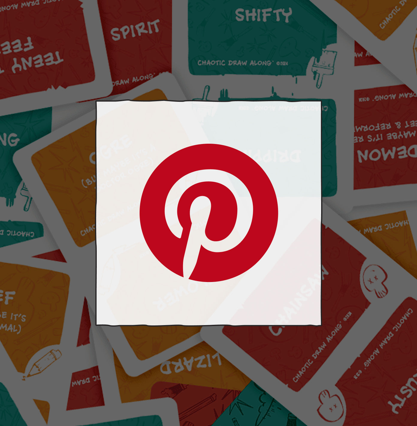 Red Pinterest logo icon on a square white background overlaid on Chaotic Draw Along cards.