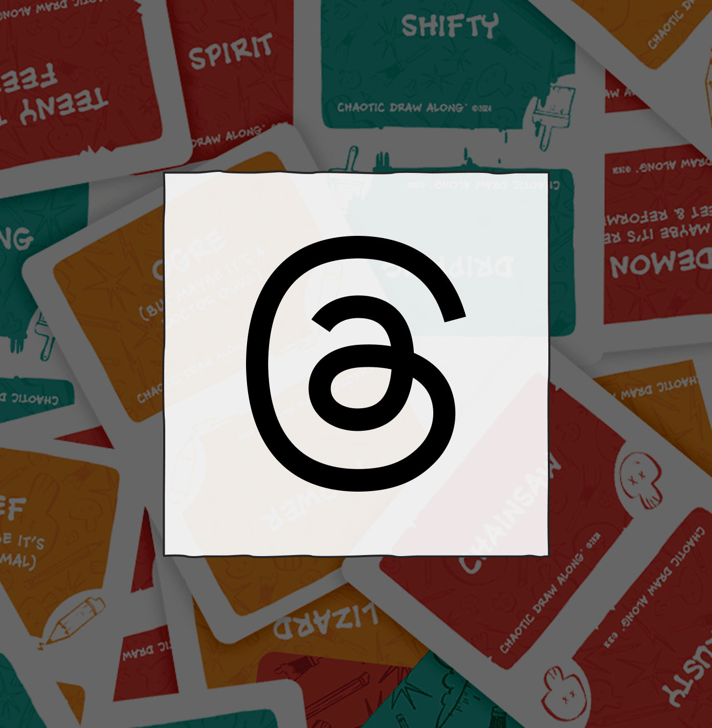 Black Threads app logo icon centered on a white square background over Chaotic Draw Along cards.