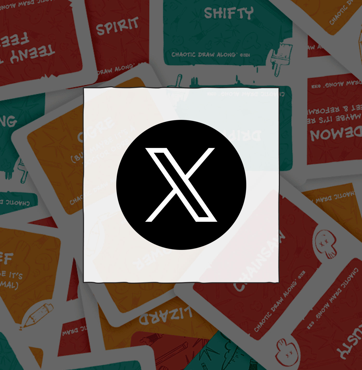 Black X logo (Twitter/X) on a white square, with a background of scattered Chaotic Draw Along cards.