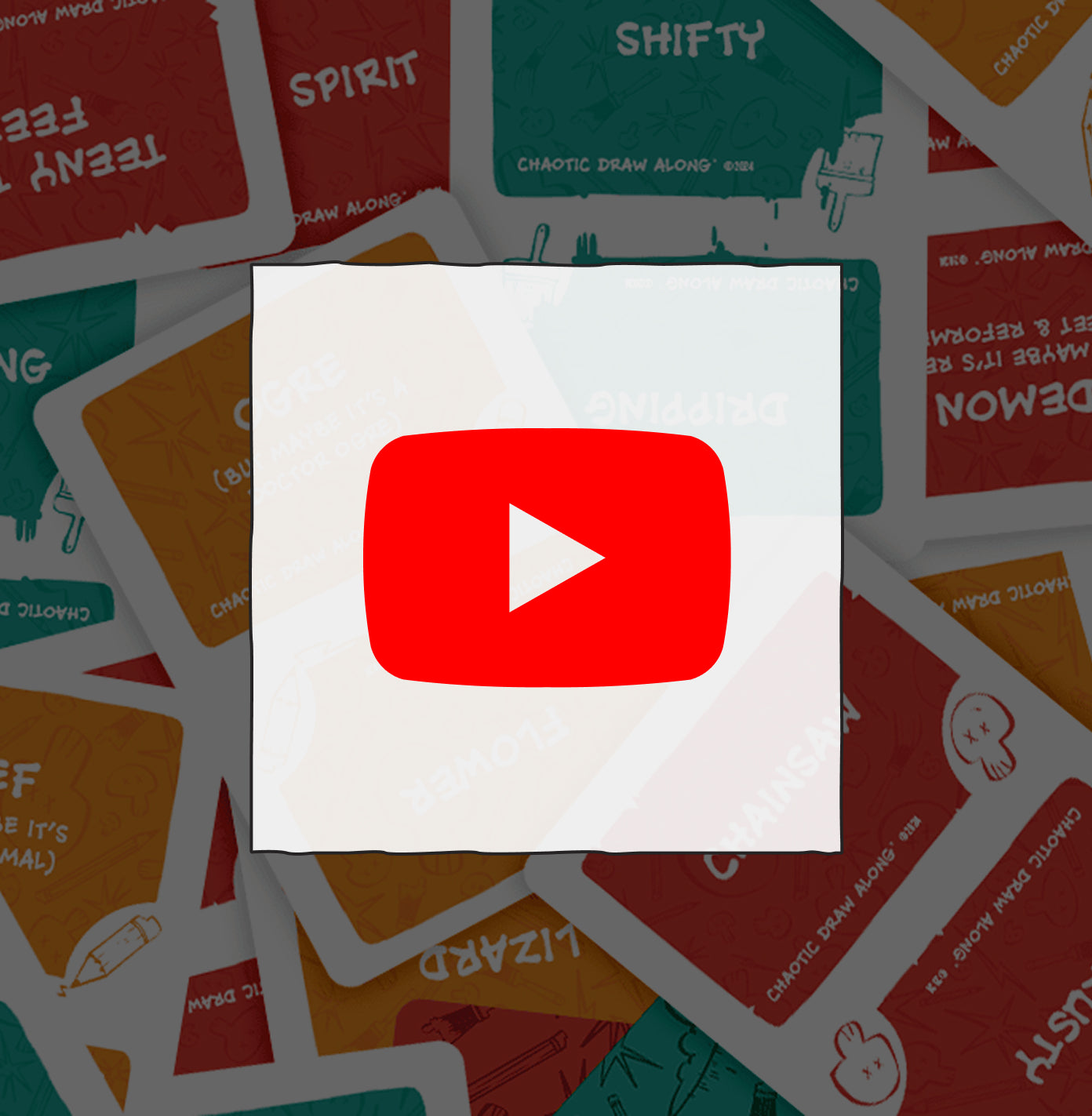 YouTube play button icon in red on a white square background, layered over colorful Chaotic Draw Along cards.